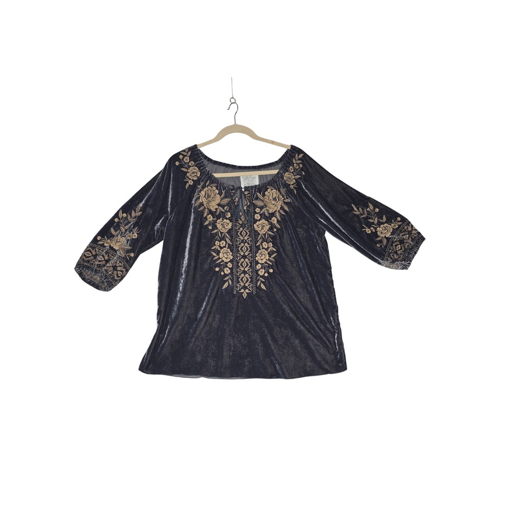 Kyla Seo Charcoal Grey Velvet EmbroideredPeasant Blouse TasselTop
XX Large Boho